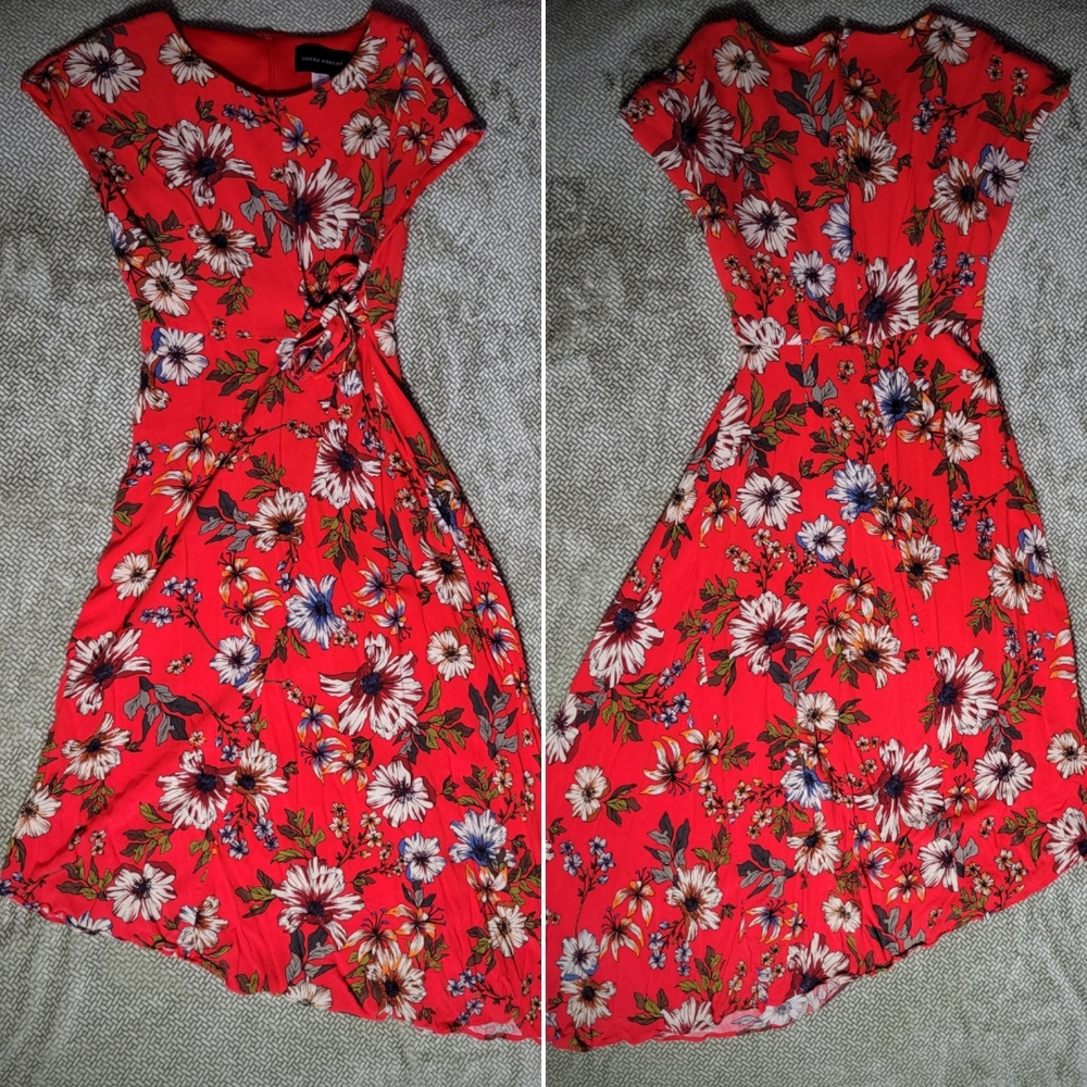 Donna Morgan Red Floral Assymetrical Hem Midi Dress | Size 2 |